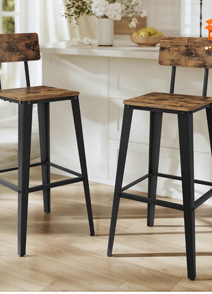 SET DE 2 TABURETES ALTOS DE BAR ESTILO INDUSTRIAL CON RESPALDO - MADERA RÚSTICA Y METAL NEGRO