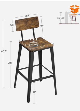 SET DE 2 TABURETES ALTOS DE BAR ESTILO INDUSTRIAL CON RESPALDO - MADERA RÚSTICA Y METAL NEGRO