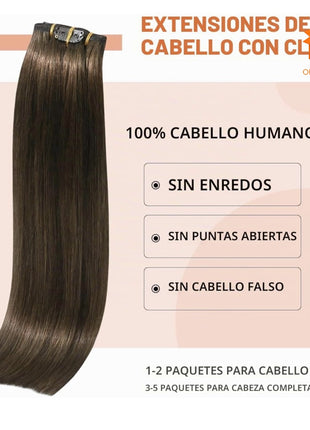 EXTENSIONES DE CABELLO CLIP CASTAÑO NATURAL CABELLO 100% HUMANO