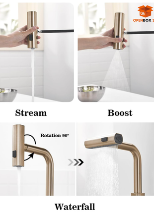 Chorro de cocina con cascada extraíble con pantalla de temperatura en Fahrenheit, 3 modos de salida de agua