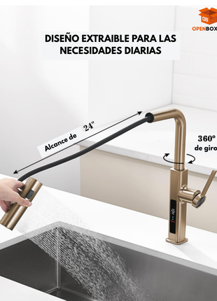 Chorro de cocina con cascada extraíble con pantalla de temperatura en Fahrenheit, 3 modos de salida de agua