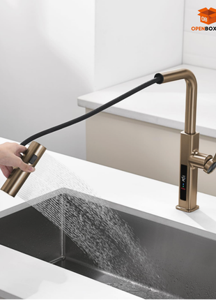Chorro de cocina con cascada extraíble con pantalla de temperatura en Fahrenheit, 3 modos de salida de agua
