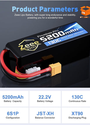 Zeee Premium Pro 6S 5200mAh Lipo Batería 22.2V 130C XT90 Plug (2 Paquetes)