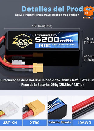 Zeee Premium Pro 6S 5200mAh Lipo Batería 22.2V 130C XT90 Plug (2 Paquetes)